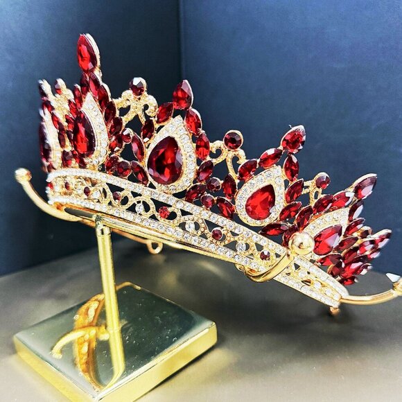 Gold Crown Crystal Tiara, Princess Crown, Gold Wedding Tiara, Wedding Ruby Crown